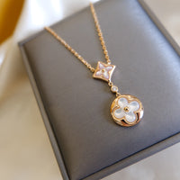 [Promax Jewelry]STAR AND SUN WHITE MOP 2 MOTIF PINK GOLD NECKLACE