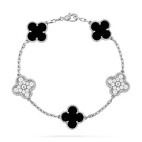 [Promax Jewelry]CLOVER 5 MOTIF ONYXS DIAMOND BRACELET SILVER