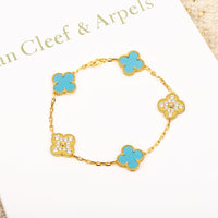 [Promax Jewelry]CLOVER 5 MOTIF TURQUOISE DIAMOND GOLD BRACELET