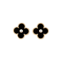 [Promax Jewelry]CLOVER MEDIUM 1 MOTIFS ONYX DIAMOND EARRINGS